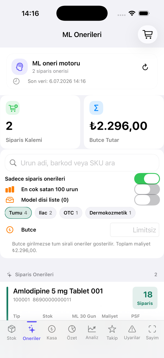 iOS uygulaması — ML Önerileri sekmesi: sipariş kalemleri ve bütçe tutarı.